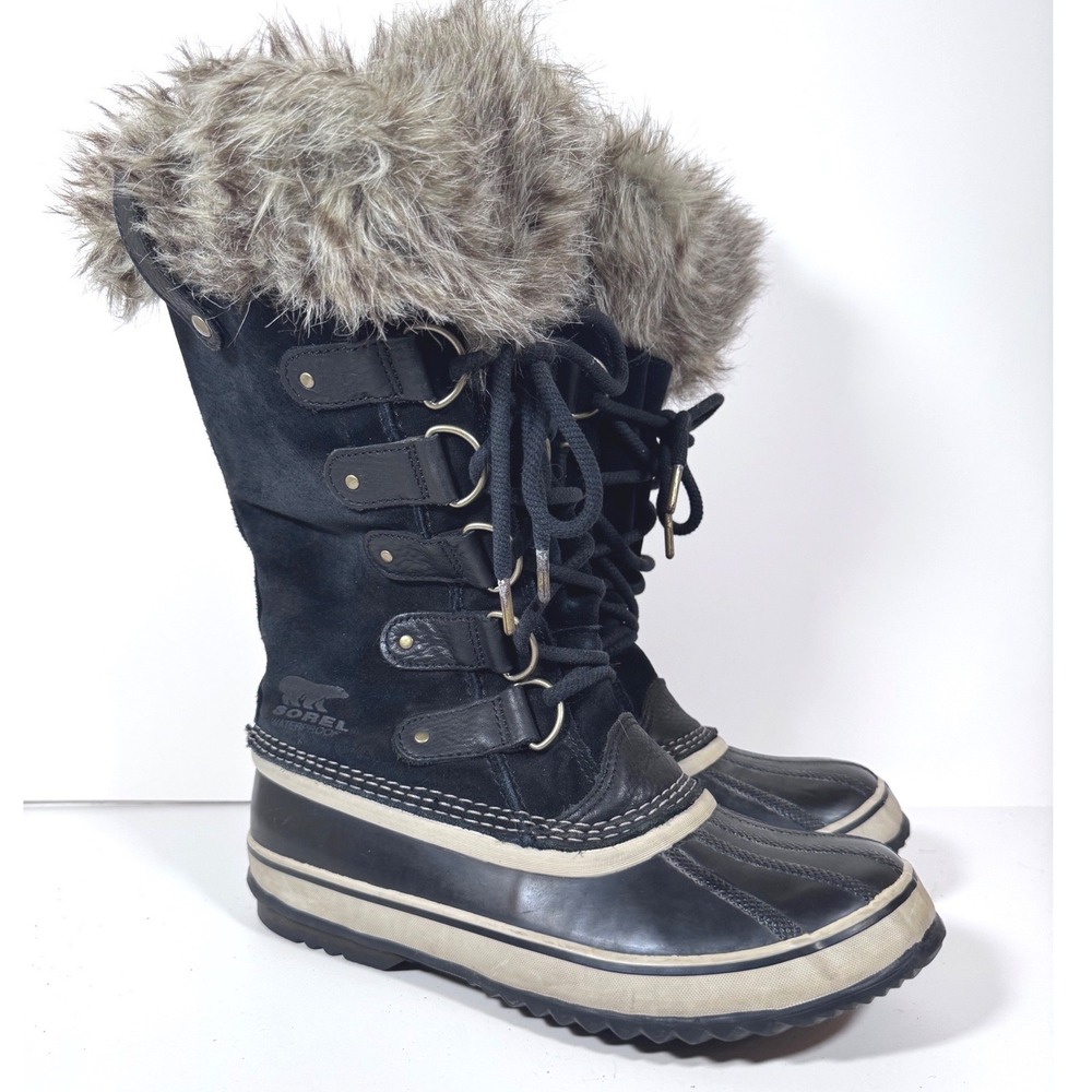 Sorel Joan of Arctic Black Suede Waterproof Winter Snow Boots Faux Fur Women 10